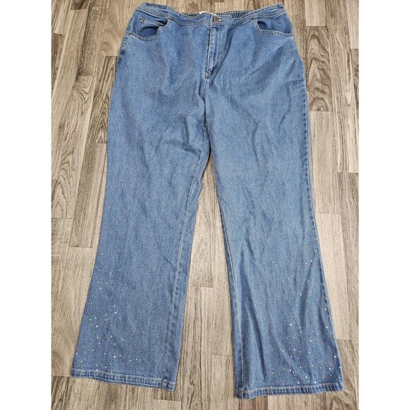 Quacker Factory Jeans Womens 2X Blue Wide Leg Rhinestone Embellished Hem Stretch - Picture 1 of 11